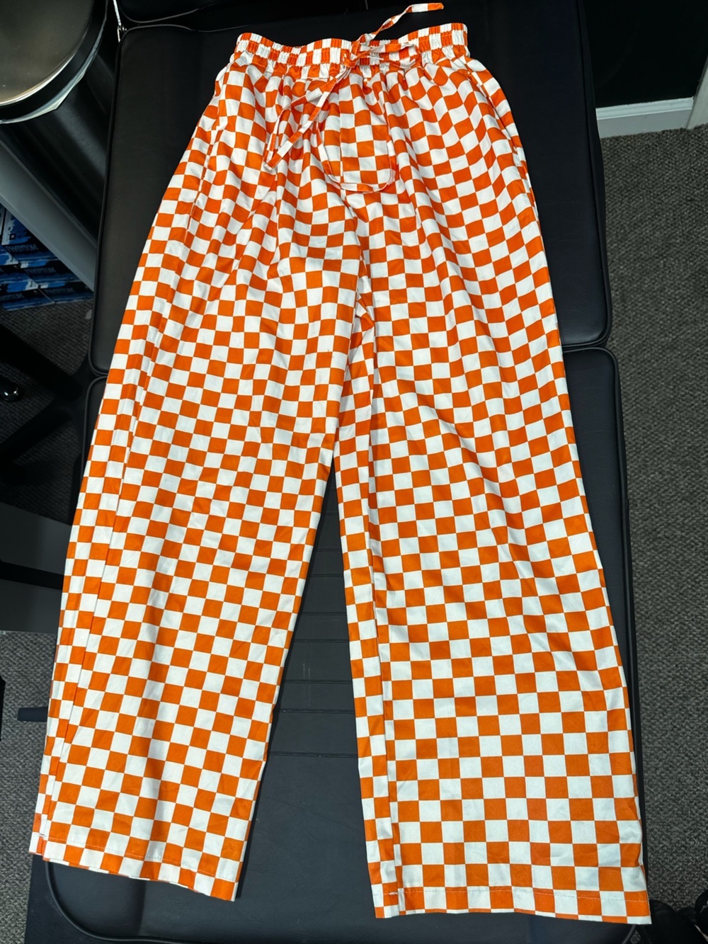Women’s Small Orange and White Checkerboard Pants with drawstring and stretch.